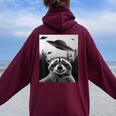Alien UFO Raccoon Oversized Hoodie for Women | Unique Back Print Maroon