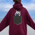 Cute Pocket Raccoon Women’s Oversized Hoodie - Back Print Style Maroon