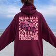 Girls Like Monster Trucks Too Pink Monster Truck Girls Women Oversized Hoodie Back Print Maroon