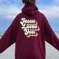 Jesus Loves Retro Vintage Christian Faith Hippie Women Oversized Hoodie Back Print Maroon