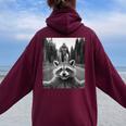 Scared Raccoon & Bigfoot Graphic Women's Oversized Hoodie Maroon
