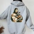 Vintage Jesus Hugging Raccoon Hoodie for Women - Back Print Sport Grey