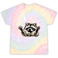 Funny Racoon Tie-Dye T-Shirt - Quirky Quote on Waste Management Hazy Rainbow Tie-Dye