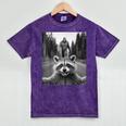 Scared Raccoon & Bigfoot Mineral Wash Tee - Fun Novelty Gift Mineral Purple
