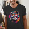 Colorful Retro Raccoon T-Shirt with Headphones – Unisex V-Neck