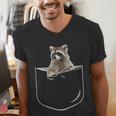Men's V-Neck T-Shirt - Pocket Raccoon Design | Fun Animal Lovers Tee