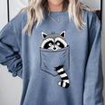 Raccoon Cartoon Crew Neck Sweatshirt - Casual Modern Short Sleeve Fit Blue Jean