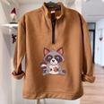 Raccoon Raccoon With Cookie -Adults Small Half Zip Oversized Sweatshirt Brown