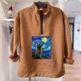 Raccoon Starry Night Sweatshirt - Cozy Half Zip for Art Lovers Brown