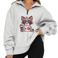 Raccoon Raccoon With Cookie -Adults Small Half Zip Oversized Sweatshirt Grey