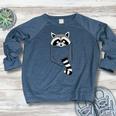 Raccoon Cartoon Sweatshirt - Casual Blue Pocket Design for Women Heather Navy