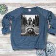 Scared Raccoon Bigfoot Design Women's Crewneck Raglan Sweatshirt Heather Navy