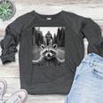 Scared Raccoon Bigfoot Design Women's Crewneck Raglan Sweatshirt Heather Dark Gray