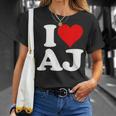 I Love Heart Aj AJ A J Initals Monograma Nombre Nombre Camiseta unisex Regalos para ella