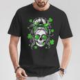 Skull Woman Messy Bun Hair Sunglasses Patrick's Day Clovers T-Shirt Unique Gifts
