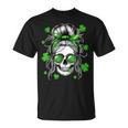 Skull Woman Messy Bun Hair Sunglasses Patrick's Day Clovers T-Shirt