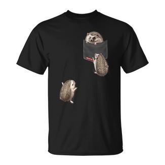 Cute Playful Hedgehog Trio Playing In Pocket T-Shirt - Geschenkecke