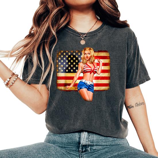 Sexy Blonde Woman Shorts Bra American Flag Tee 4th Of July Women's Oversized Comfort Colors T-Shirt | Monsterry