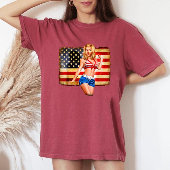 Sexy Blonde Woman Shorts Bra American Flag Tee 4th Of July Women's Oversized Comfort Colors T-Shirt | Monsterry Sexy Blonde Woman Shorts Bra American Flag Tee 4th Of July Women's Oversized Comfort Colors T-Shirt | Monsterry