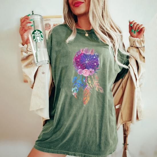 T-Shirt Dreamcatcher Fleurs - Coton/Polyester - Design Hippie Et Bohème - Cadeau Symbolique