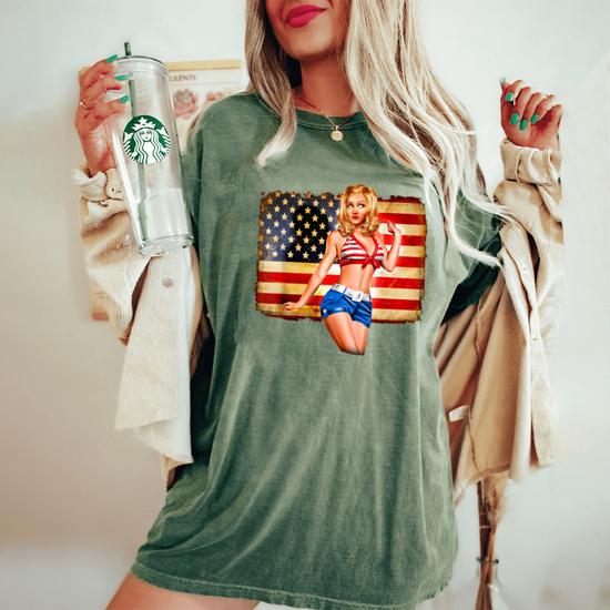 Sexy Blonde Woman Shorts Bra American Flag Tee 4th Of July Women's Oversized Comfort Colors T-Shirt | Monsterry