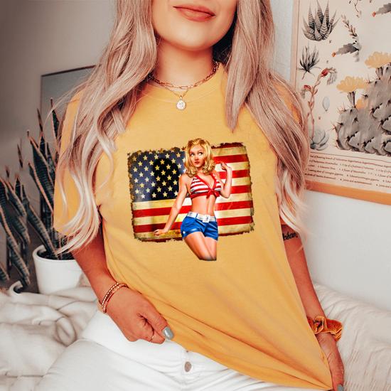Sexy Blonde Woman Shorts Bra American Flag Tee 4th Of July Women's Oversized Comfort Colors T-Shirt | Monsterry